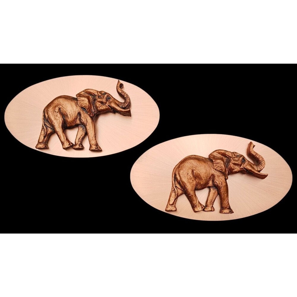 VTG Set of 2 Hand Etched Copper 3D Elephant Oval Wall Hangings / Plaques RARE